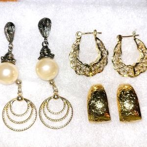 Fancy Vintage Fashion Jewelry Earrings Faux Pearl w/Marcasite, Filigree 3D Hoops